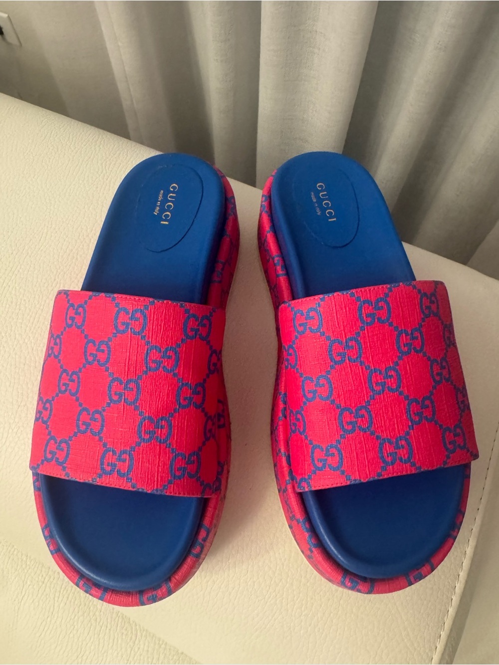 Gucci Pink & Blue GG Canvas Platform Slides - Picture 3 of 3